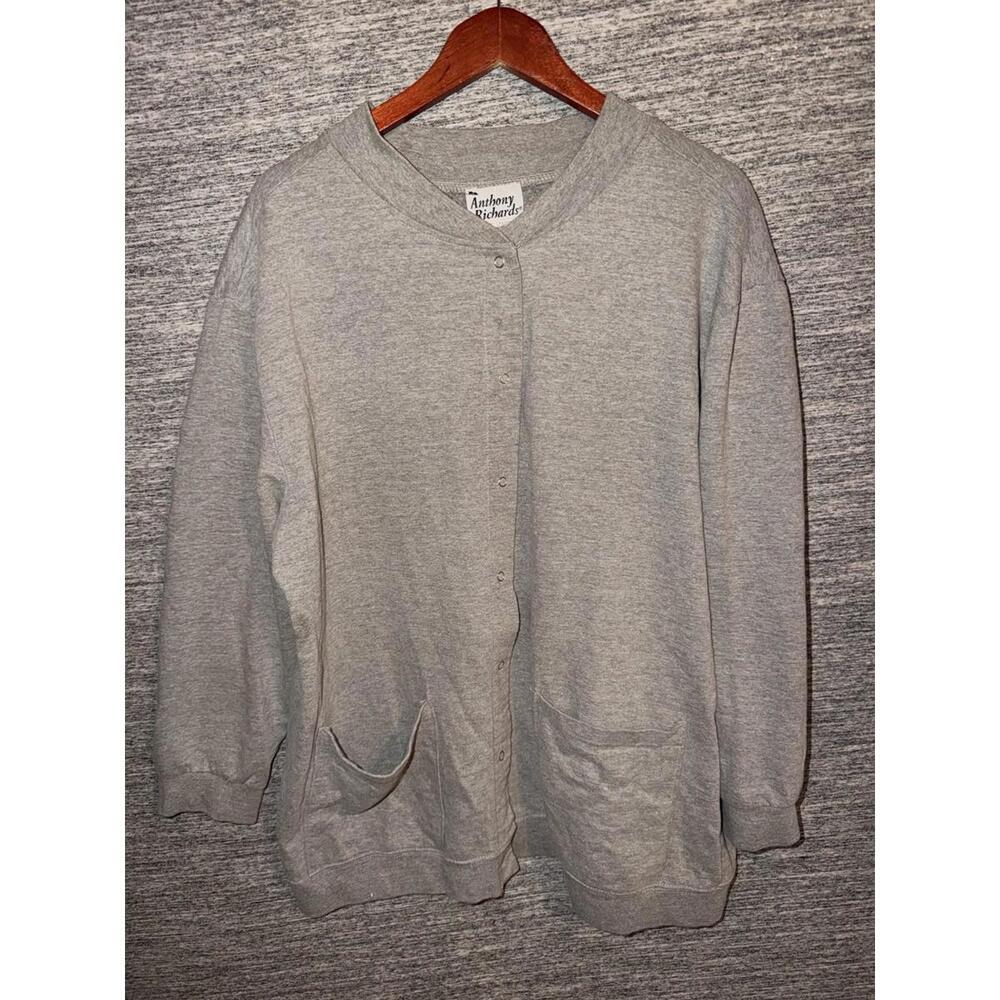 Anthony Richards Gray Snap Front Fleece Cardigan Sweatshirt Jacket Pockets XL